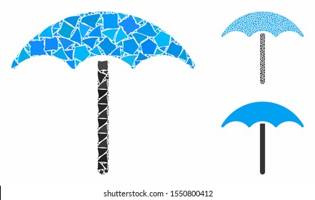 Umbrella mosaic of irregular items in various sizes and color tones, based on umbrella icon. Vector irregular items are composed into composition. Umbrella icons collage with dotted pattern.