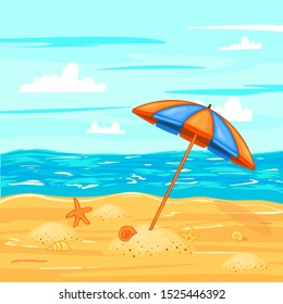 Umbrella on the beach by the water. Summer cartoon collection in vector.