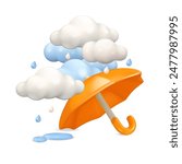Umbrella on floor with rain and clouds vector 3d design. Cartoon orange parasol illustration, puddles and raindrops, isolated on white background. Colorful monsoon sale concept
