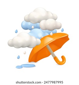 Umbrella on floor with rain and clouds vector 3d design. Cartoon orange parasol illustration, puddles and raindrops, isolated on white background. Colorful monsoon sale concept