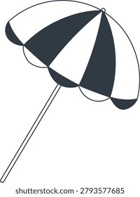 Umbrella on a pole tilted at an angle with segmented canopy in sketchy lines. Symbol of summer relaxation, vacation shelter, and leisure comfort by water. Cartoon vector illustration.