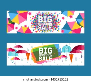 Umbrella open and closed set of banners vector illustration. Big mansoon sale. Flat icons isolated on white. Rain colorful protection symbol. Rainy weather sign. Happy mood, luck, safety