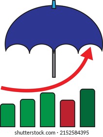 Paraguas sobre el gráfico de barras. Concepto de inversión segura - Ilustración empresarial , vector , icono 