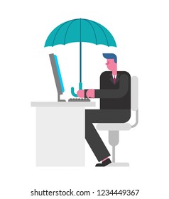 Umbrella over businessman working at computer. Security boss. Protecting business. Vector illustration
