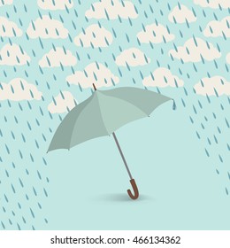 Umbrella over rain. Rainy cloudy sky pattern. Autumn rain background concept