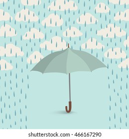 Umbrella over rain. Rainy cloudy sky pattern. Autumn rain background concept