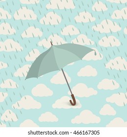 Umbrella over rain. Rainy cloudy sky pattern. Autumn rain background concept