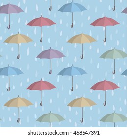 Umbrella over raindrop background. Rainstorm Seamless Pattern. Rainy weather ornament. Water drops tiled wallpaper