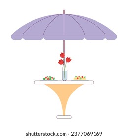 Umbrella patio dining table dinner served 2D cartoon object. Outdoor restaurant furniture isolated vector item white background. Parasol table with romantic dinner color flat spot illustration