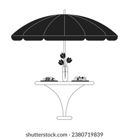 Umbrella patio dining table dinner served black and white 2D cartoon object. Outdoor restaurant furniture isolated vector outline item. Parasol table with meal monochromatic flat spot illustration