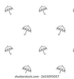 Umbrella pattern in black and white, hand-drawn style, seamless vector illustration with floral and dotted design. Perfect for kids prints, textile, stationery, wrapping paper, and backgrounds.