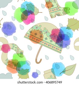 umbrella pattern scarf boots rain leaves watercolor stains