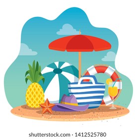 umbrella with pineapple fruit and ball with starfish