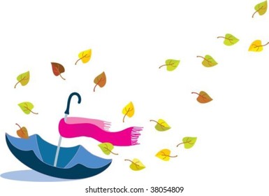 Umbrella, pink scarf and leaves. Vector