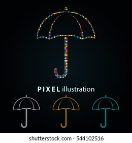 Umbrella - pixel icon. Vector Illustration. Design logo element. Isolated on black background. It is easy to change to any color.