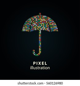 Umbrella - pixel icon. Vector Illustration. Design logo element. Isolated on black background. It is easy to change to any color.