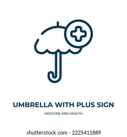 Paraguas con icono de signo más. Ilustración lineal vectorial de la medicina y la recolección de la salud. Paraguas de contorno con un vector de icono de signo más. Símbolo de línea delgada para uso en aplicaciones web y móviles, logotipo, impresión 