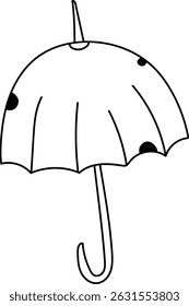An umbrella with polka dots drawn in a clean, outlined style. The parasol features curved lines and circular patterns. Cartoon vector illustration.