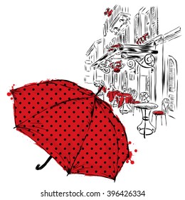 Umbrella with polka dots on a city street. Vector illustration. Vintage.