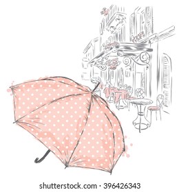 Umbrella with polka dots on a city street. Vector illustration. Vintage.