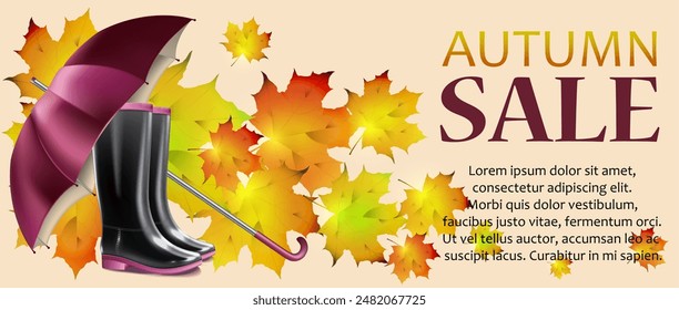 Umbrella poster, leaves, sale. Vector illustration