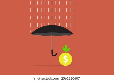 Umbrella protecting dollar coin from rain. concept of Income protection, security or safety guard protect investment profit, wealth preservation or insurance, risk management