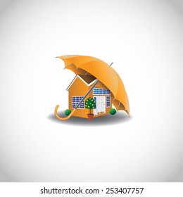 Umbrella protecting house icon. EPS 10 vector royalty free stock illustration perfect for insurance, safety, alarm system, security, rainy weather, forecast, warranty, marketing, social media