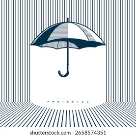 Cartel del concepto de protección del paraguas, ilustración de estilo de icono de parasol de Vector, metáfora de seguridad, espacio seguro bajo el paraguas.