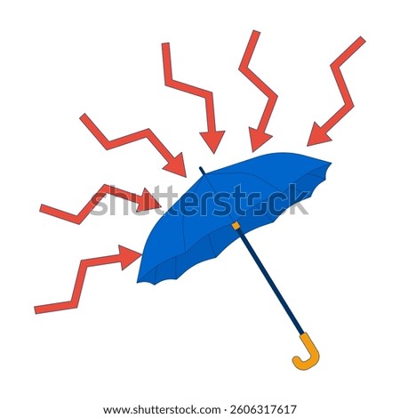 Umbrella protection from downward arrows 2D cartoon object. Financial safety. Parasol protecting from crisis, risk, external pressure isolated element flat vector clip art on white. Spot illustration