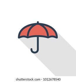 umbrella, protection thin line flat color icon. Linear vector illustration. Pictogram isolated on white background. Colorful long shadow design.
