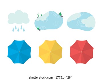 Umbrella, puddle and rain cloud as seen from above. Vector icon illustration.