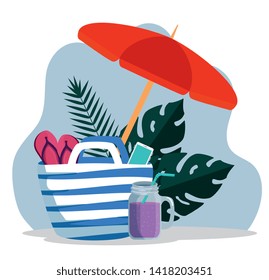 umbrella with purse and flip-flop with smoothie and leaves
