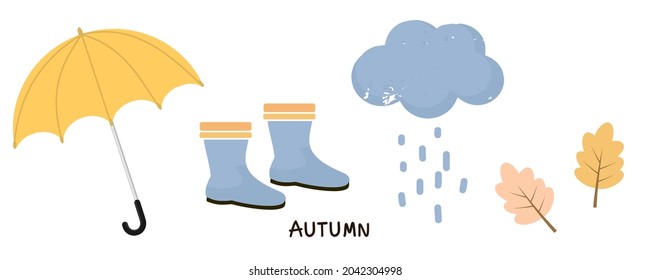Umbrella, rain boots, rain cloud and Autumn leaves icons isolated on white background vector illustration.