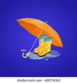 Umbrella, Rain Boots, Protection. Concept. Cartoon Style. Vector Illustration.