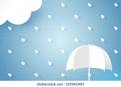 Umbrella, Rain and cloud on blue sky background. Rainy season, Paper cut of monsoon sale banner template. Vector illustration.
