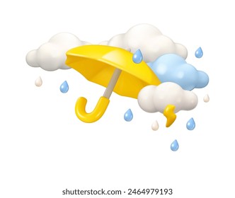 Umbrella with rain and clouds vector 3d design. Yellow parasol illustration with thunderstorm, isolated on white background. Clouds, lightning and raindrops in sky, cartoon style