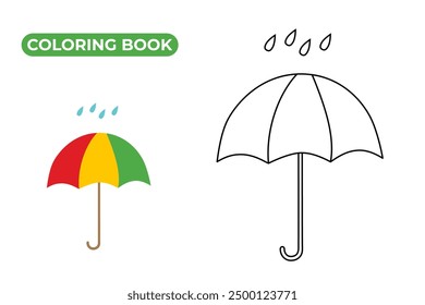 Umbrella and rain coloring book for kids. Black and white contour vector illustration of rainy weather. Linear drawing of umbrella and raindrops