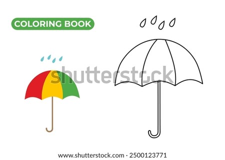 Umbrella and rain coloring book for kids. Black and white contour vector illustration of rainy weather. Linear drawing of umbrella and raindrops