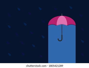 umbrella in rain with copy space, flat color style