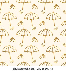 Umbrella Rain Cozy Autumn Doodle Sketch Icons Seamless Pattern Background. Farm House Fall Design Elements Fabric Print Vector Illustration Vintage Retro Style