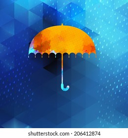 Umbrella and rain drops with abstract geometric shapes. 