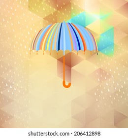 Umbrella and rain drops with abstract geometric shapes. 