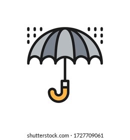 Umbrella with rain drops, bad weather flat color line icon.
