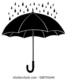 Umbrella and rain drops, black silhouette on white background. Vector illustration