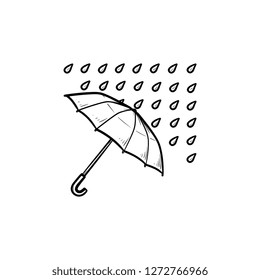 Umbrella with rain drops hand drawn outline doodle icon. Rainy climate, rain protection and shelter concept. Vector sketch illustration for print, web, mobile and infographics on white background.