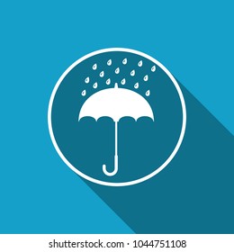 Umbrella and rain drops icon isolated with long shadow. Flat design. Vector Illustration