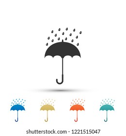 Umbrella and rain drops icon isolated on white background. Set elements in colored icons. Flat design. Vector Illustration