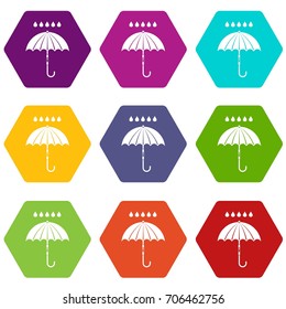 Umbrella and rain drops icon set many color hexahedron isolated on white vector illustration
