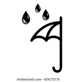 Umbrella and rain drops icon. Three drops falling on open umbrella in rainy weather. Vector Illustration