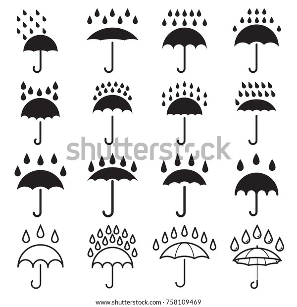 雨と傘の滴のアイコン 白い背景に16個の黒い絵文字のコレクション ベクターイラスト のベクター画像素材 ロイヤリティフリー